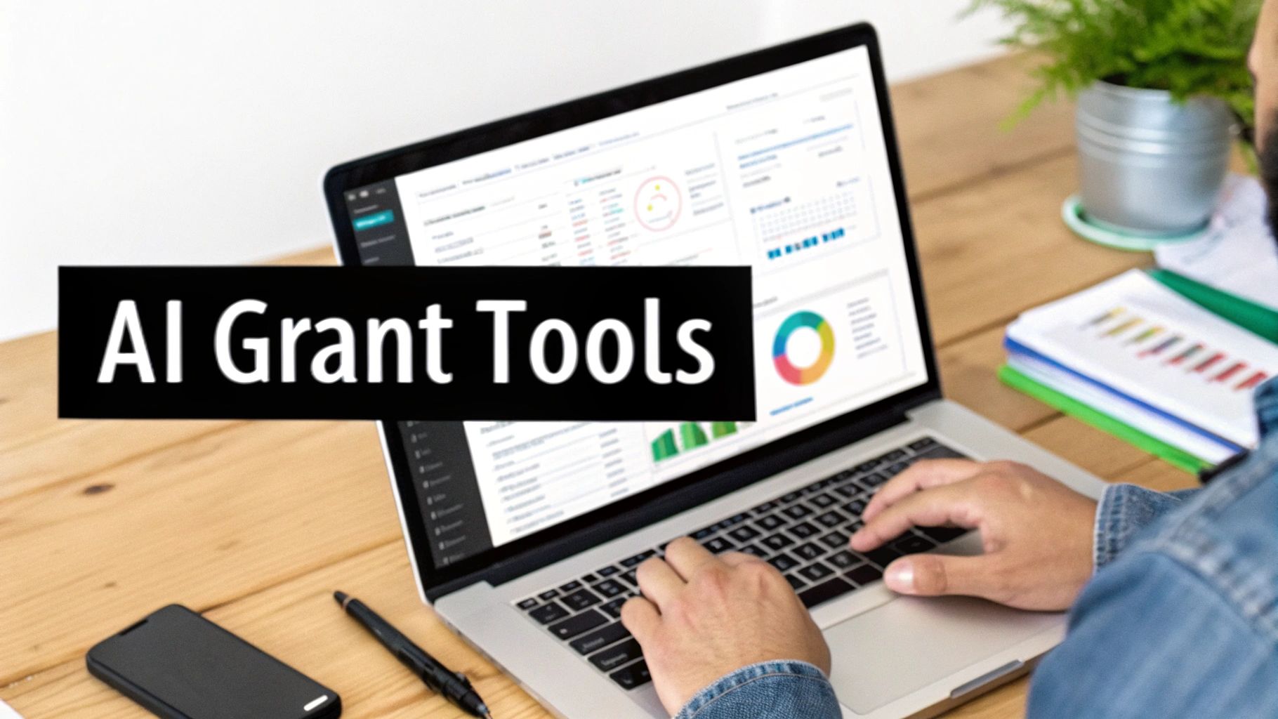 A person uses a laptop displaying data dashboards and an 'AI Grant Tools' text overlay.