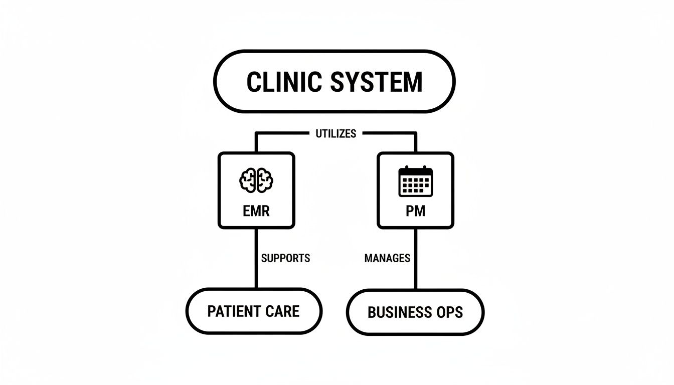 Flowchart illustrating a clinic system utilizing EMR for patient care and PM for business operations.