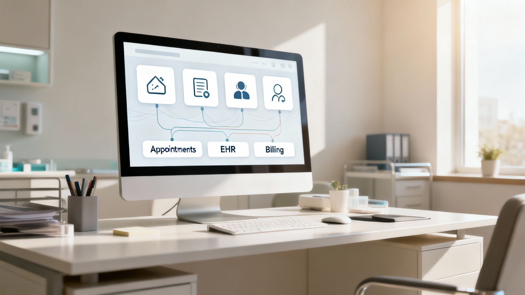 A computer monitor in a bright medical office displays healthcare software for appointments, EHR, and billing.
