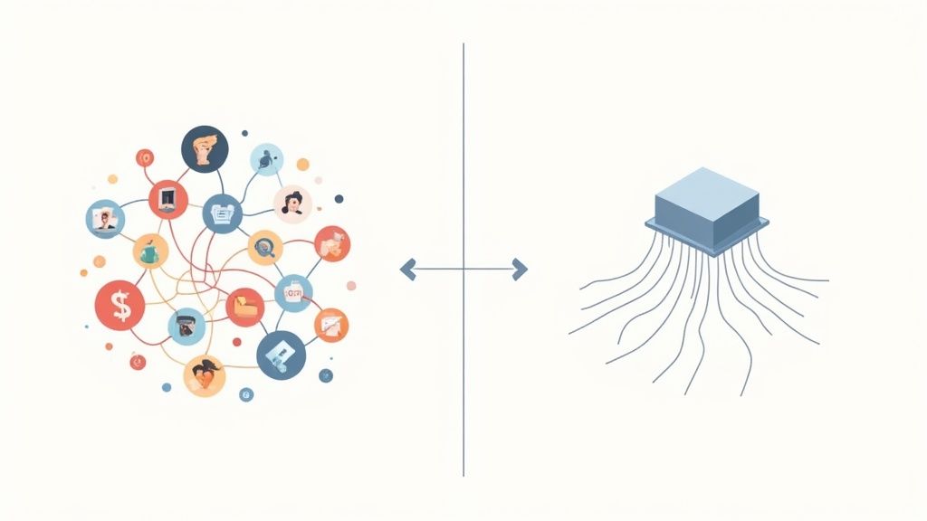 A person sitting at a desk with a laptop, surrounded by icons representing different software tools, illustrating a connected tech stack.