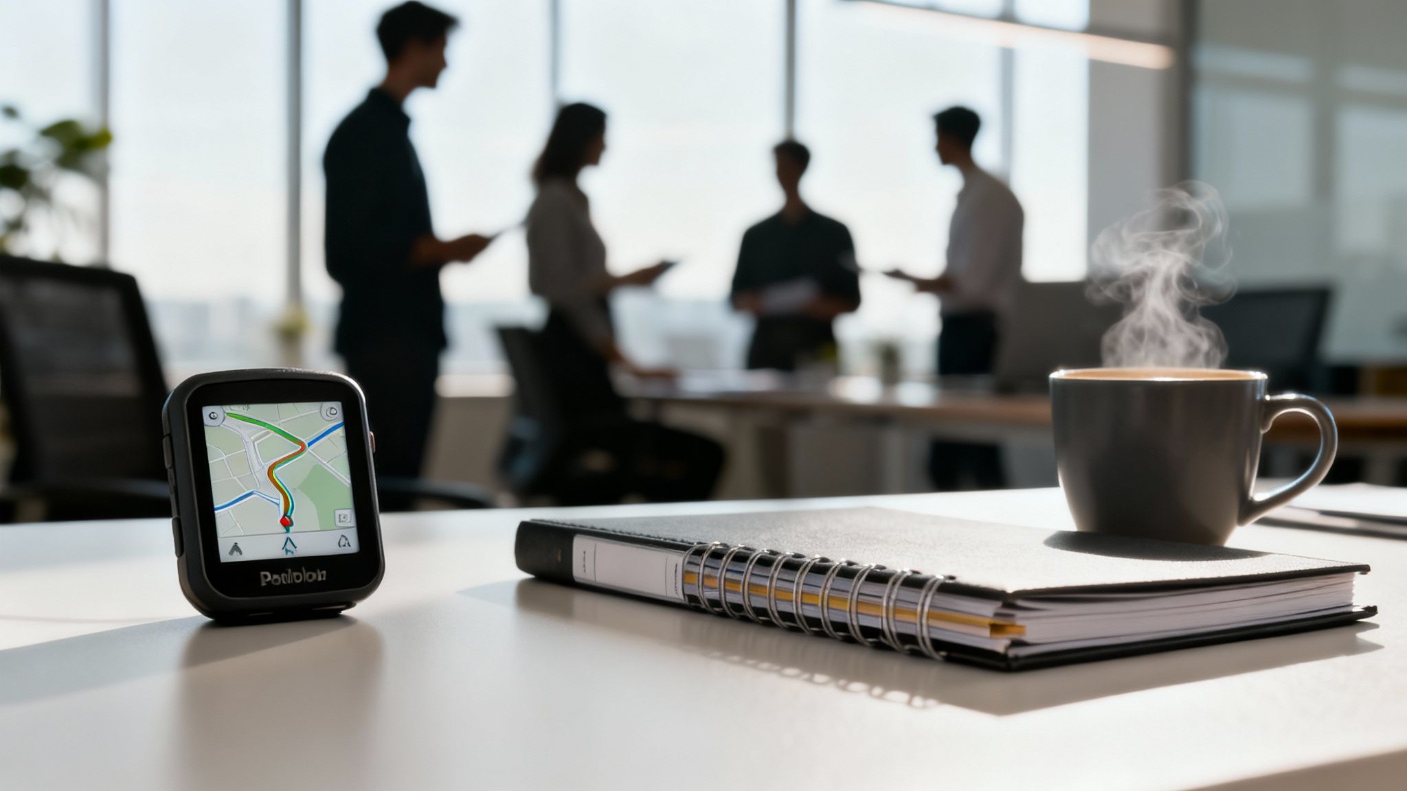 A navigation device showing a map, a notebook, and steaming coffee on an office desk, with blurred people.