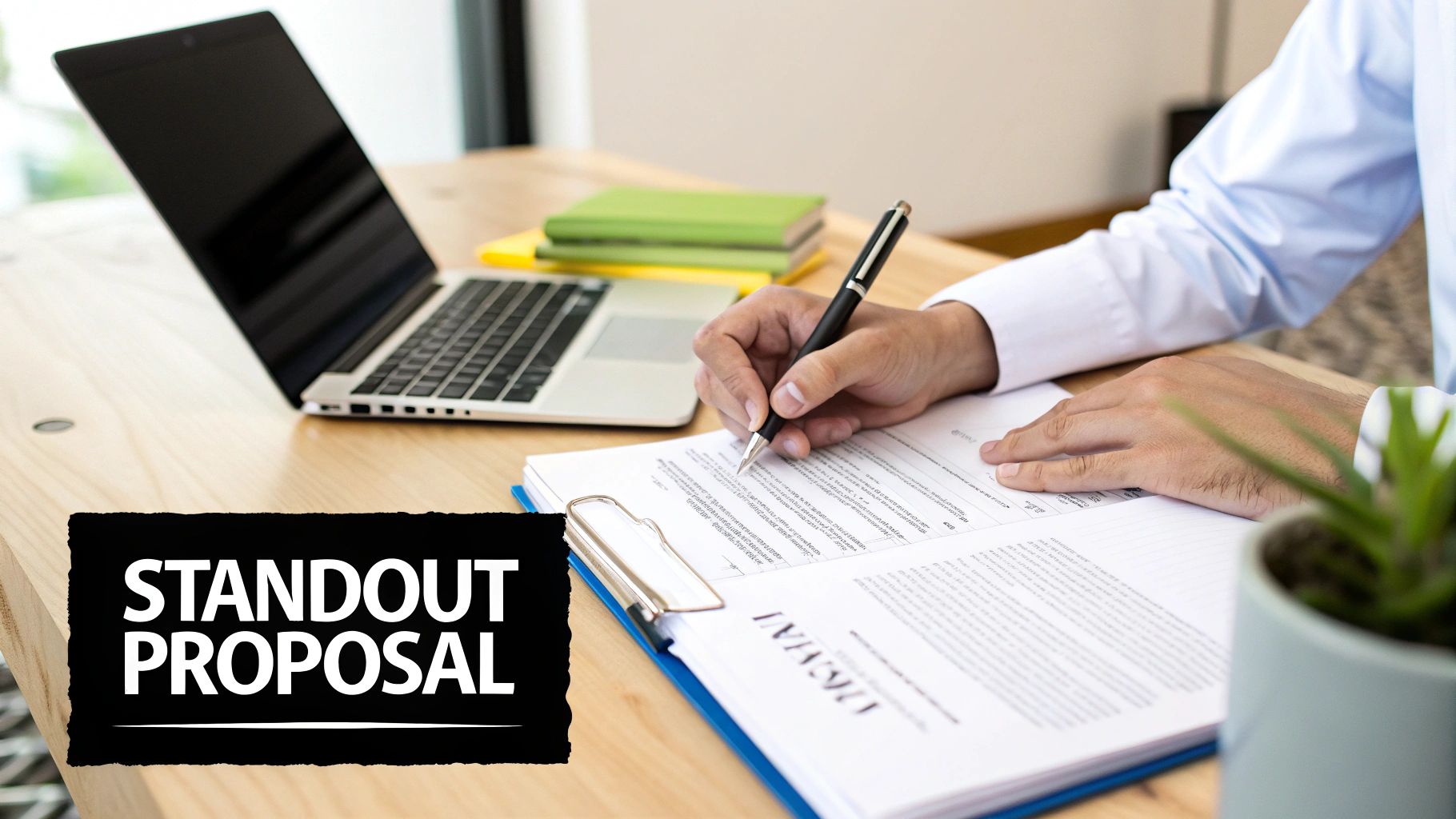 Person writing a proposal document with a pen on a desk next to a laptop, emphasizing a 'STANDOUT PROPOSAL'.