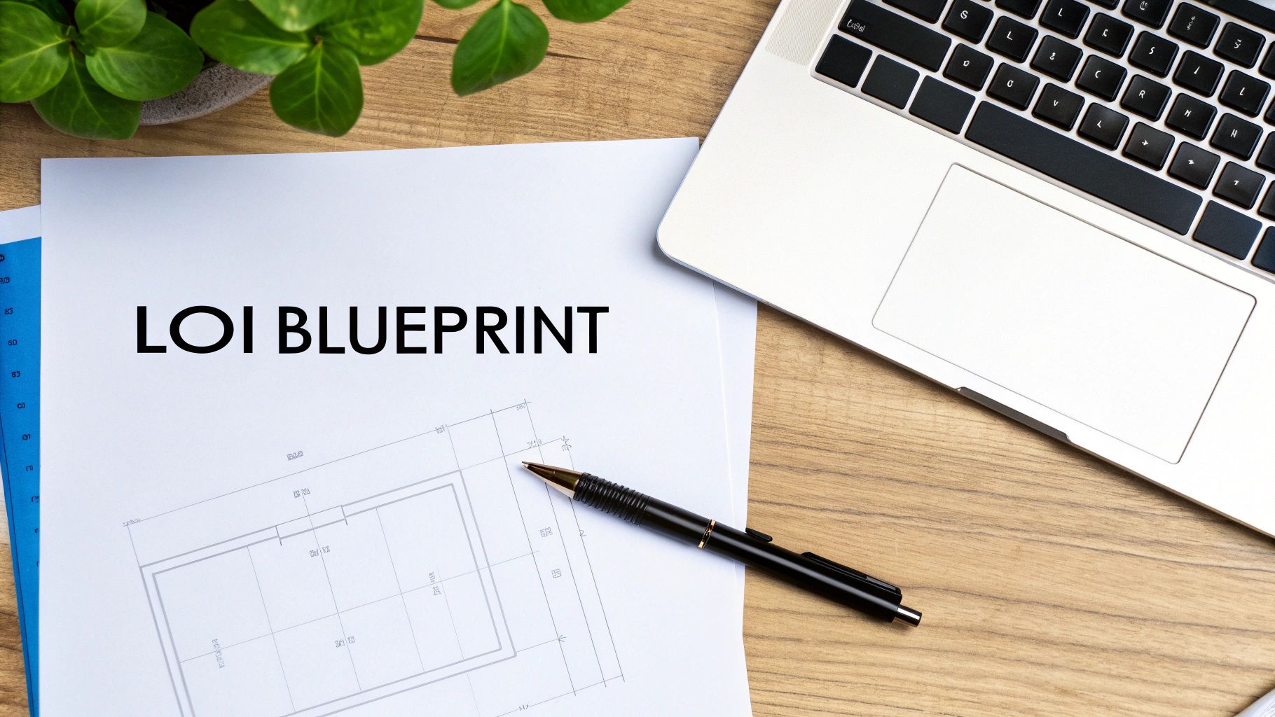 Document titled 'LOI BLUEPRINT' with a pen, laptop, and plant on a wooden desk.