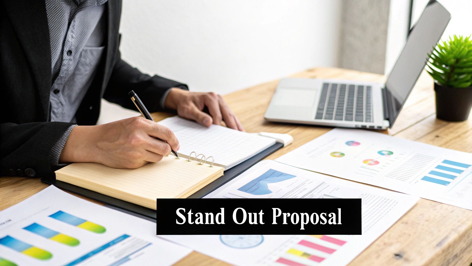 A person writing a funding proposal at a desk, surrounded by notes and research.