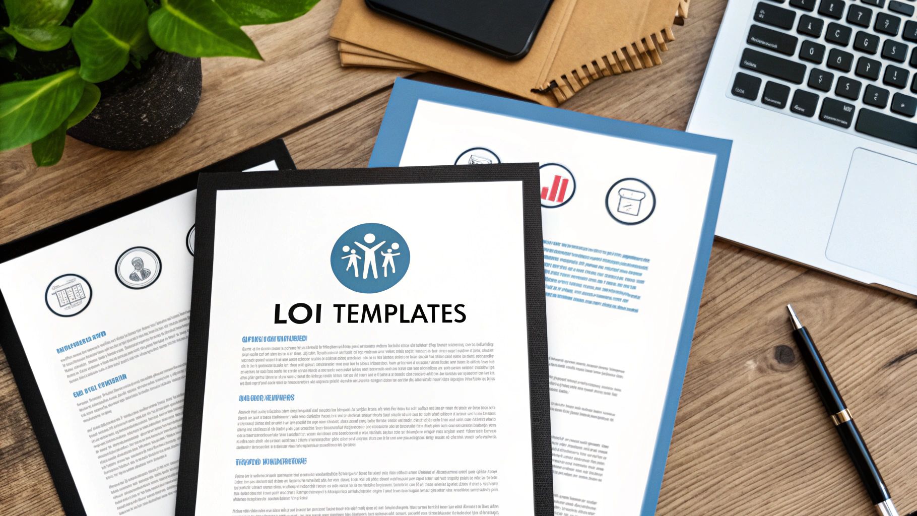 LOI templates document with icons displayed on tablet surrounded by laptop and office supplies
