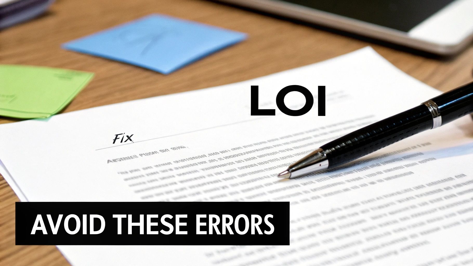 A pen rests on a document titled 'LOI' with text overlays 'Fix' and 'AVOID THESE ERRORS'.