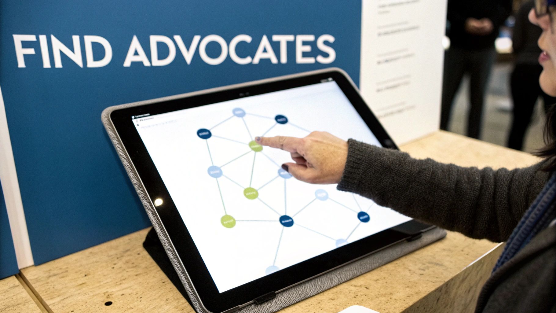 A person's hand touches a large tablet displaying an interactive network diagram.