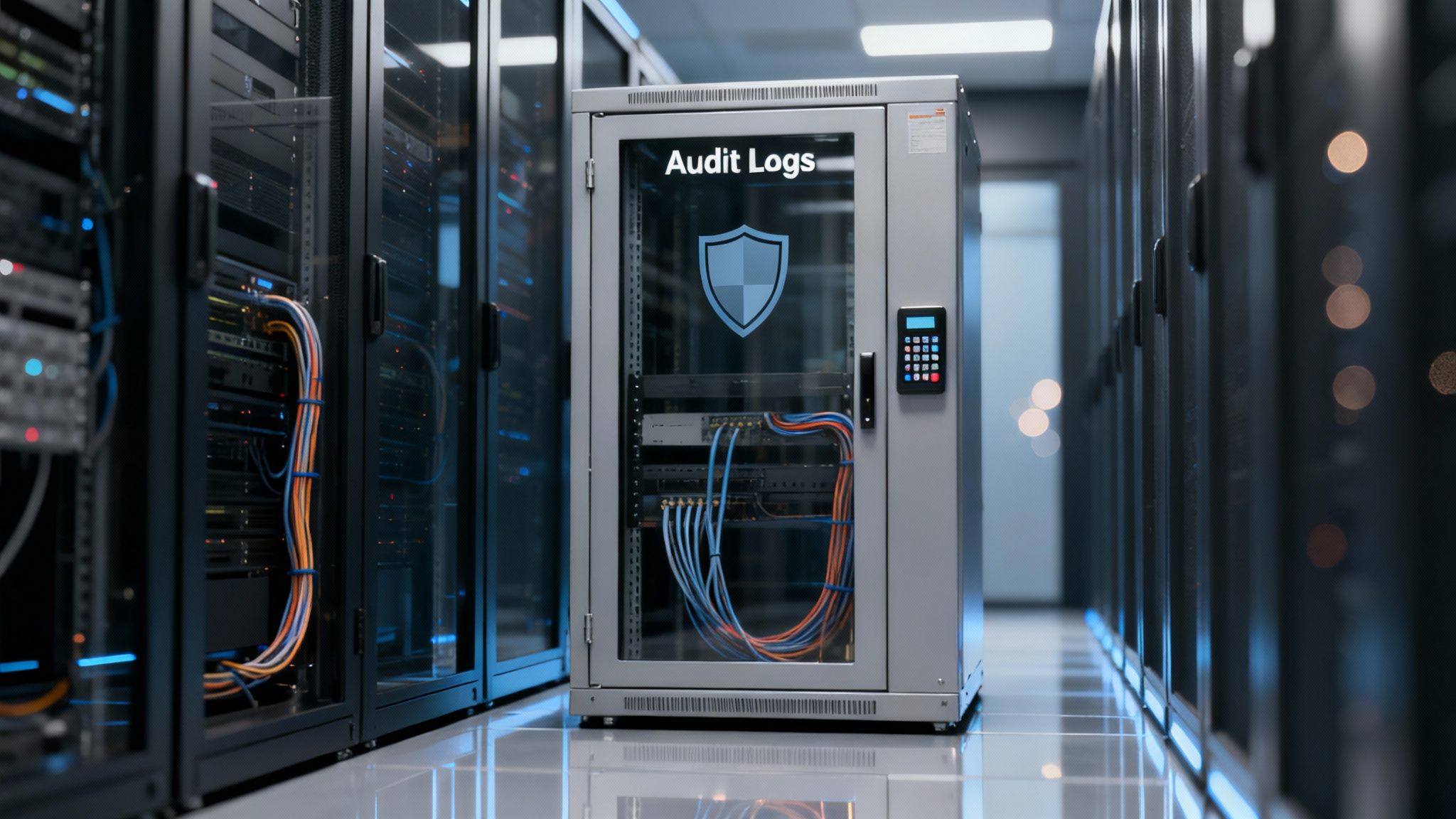 A secure server rack displaying 'Audit Logs' and a shield icon in a data center.