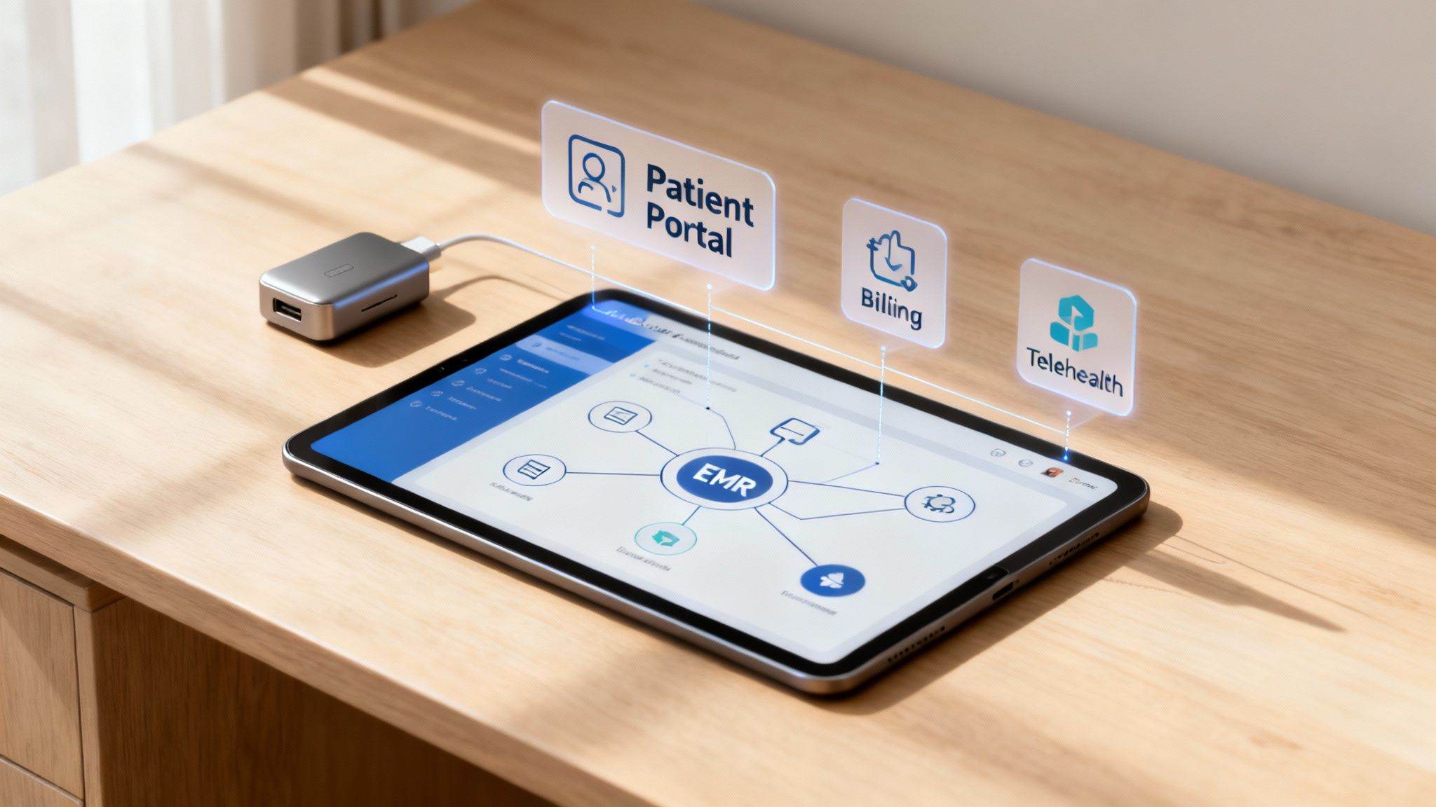 Tablet showcasing a cloud-based EMR system with Patient Portal, Billing, and Telehealth modules on a wooden desk.