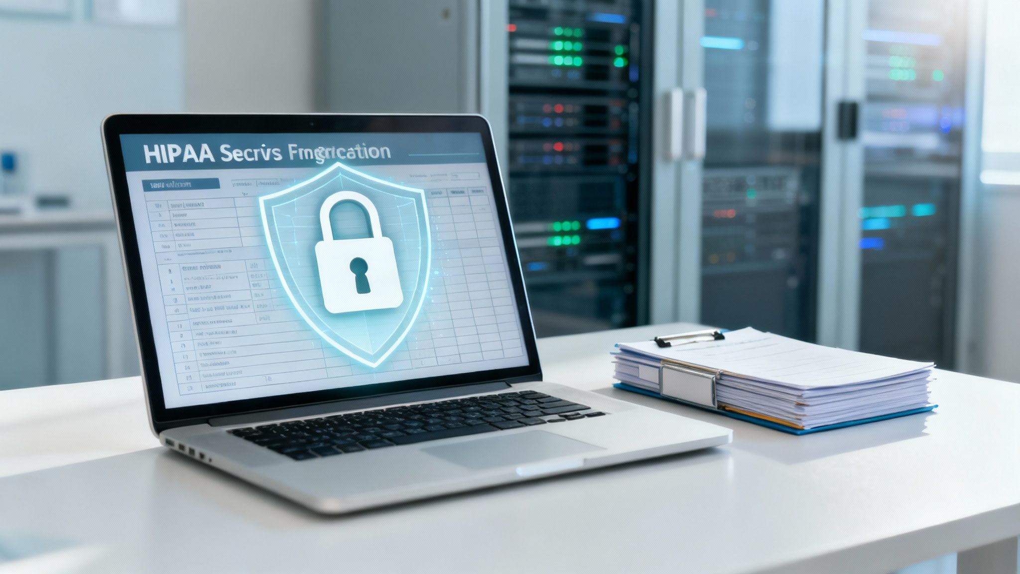 Laptop displaying HIPAA security shield and padlock icon in a data center, with documents nearby.