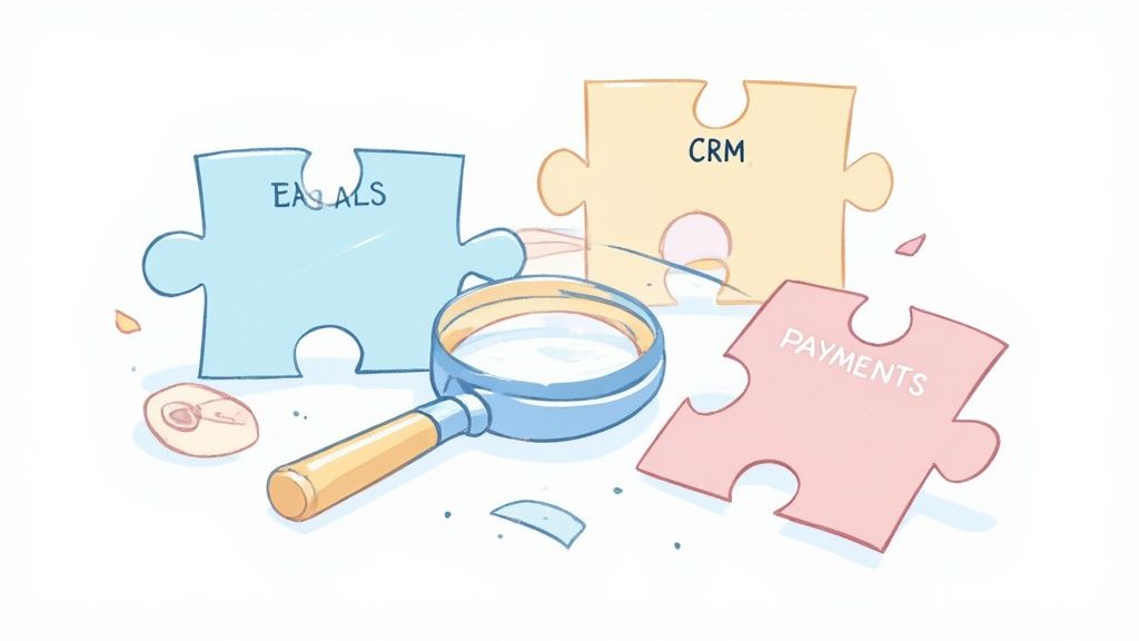 A person comparing different automation software options on a laptop and tablet, with app logos floating around.