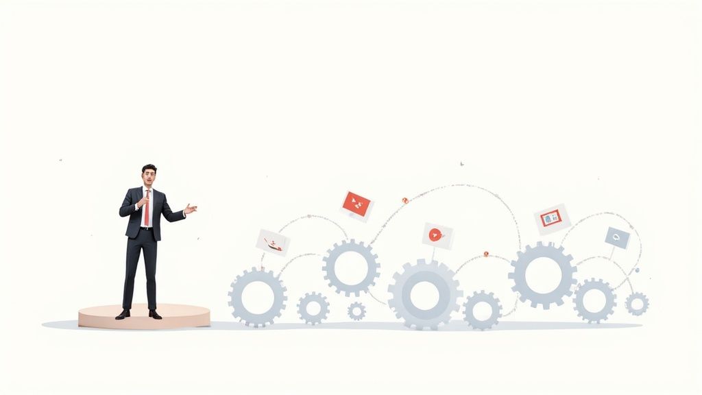 A visual representation of interconnected business processes being managed by a central hub, symbolizing workflow automation.