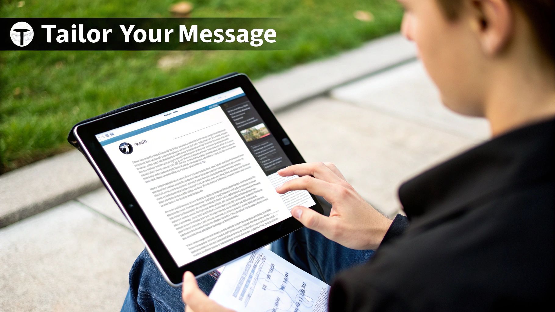 A young person outdoors reading and interacting with a tablet, featuring a banner that says "Tailor Your Message".