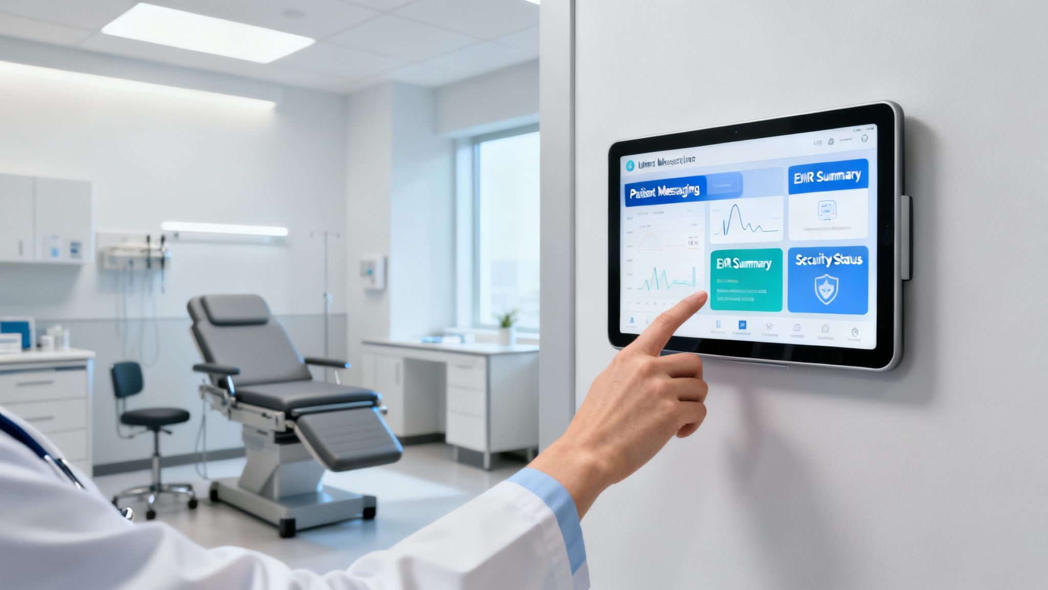 A doctor interacts with a wall-mounted tablet displaying patient information in a modern medical examination room.