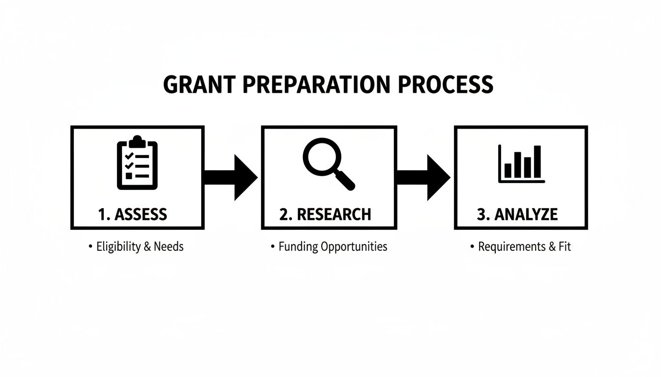 A three-step diagram outlining the grant preparation process: Assess, Research, and Analyze.