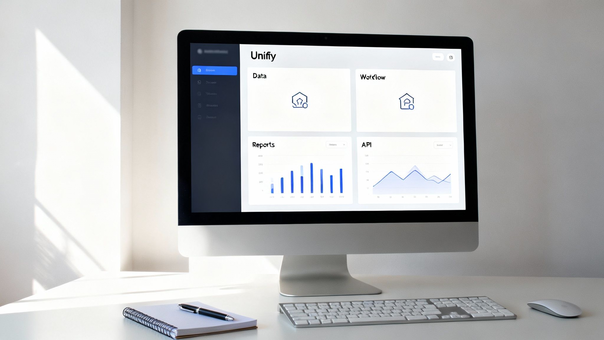 A computer monitor displays a 'Unify' dashboard with data, workflow, reports, and API charts.