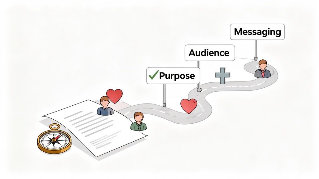 A visual roadmap illustrating the strategic journey from purpose and audience to effective messaging.