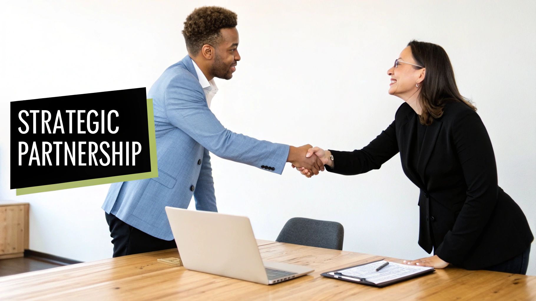 Business professionals shaking hands over table in strategic partnership meeting for nonprofit corporate grants