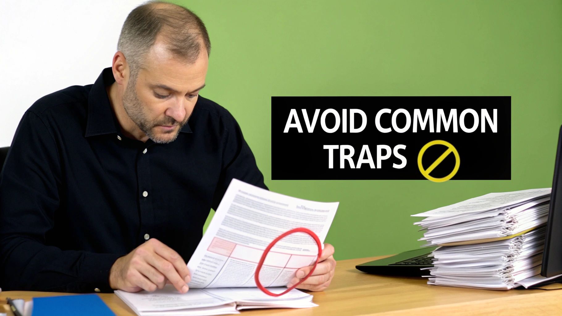 A man intently reviews documents marked with a red circle, next to a laptop and a large pile of papers, with an overlay text stating 'AVOID COMMON TRAPS' and a no symbol.
