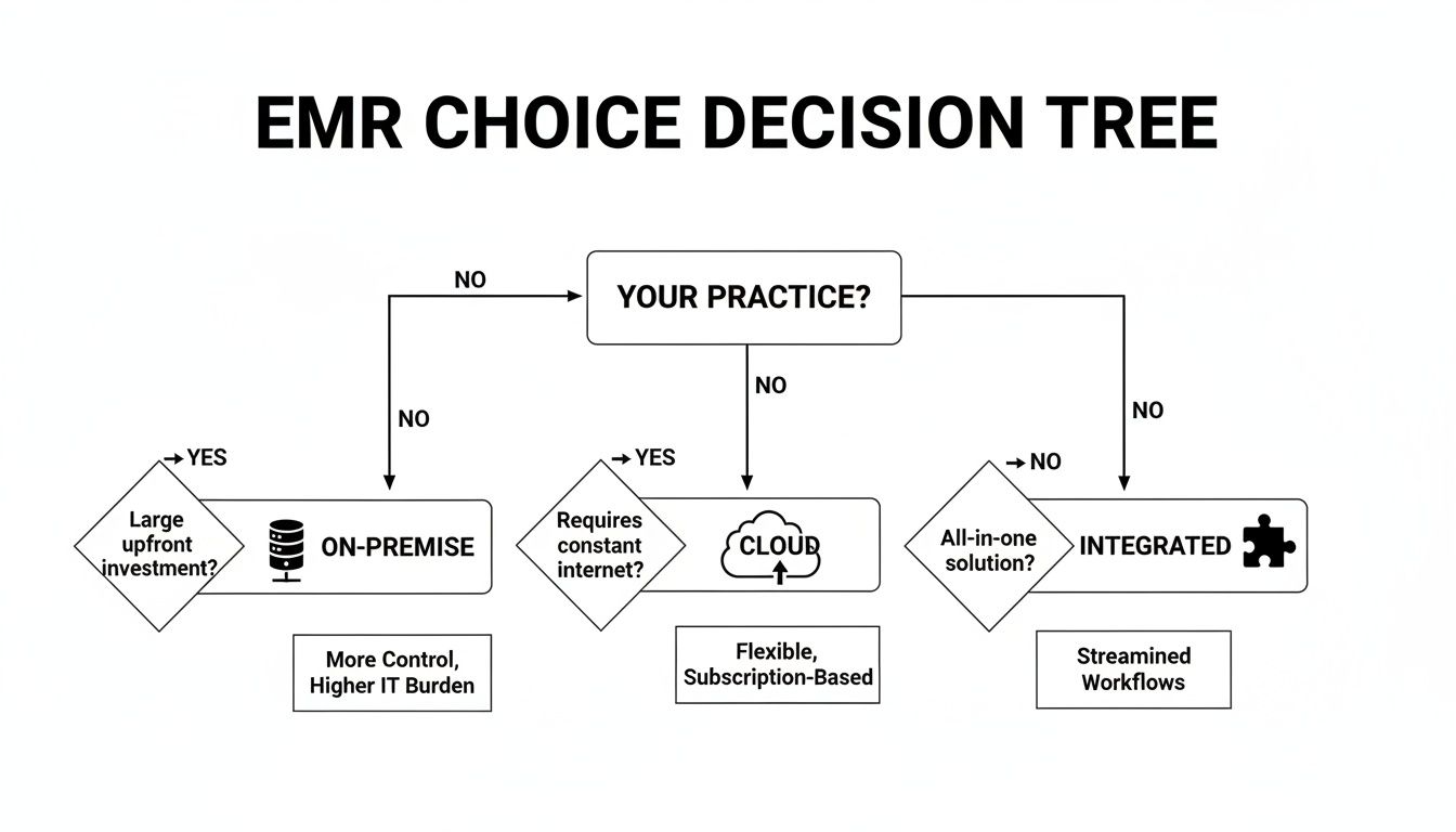 EMR choice decision tree illustrating options like On-Premise, Cloud, and Integrated, with their respective characteristics.