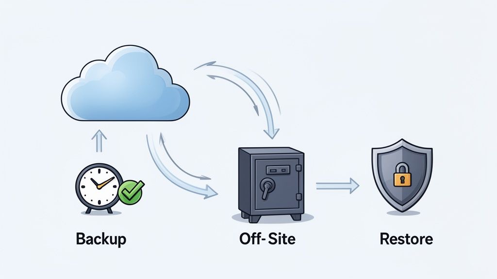 An illustration depicting data backup to the cloud, off-site storage, and a secure restoration process.