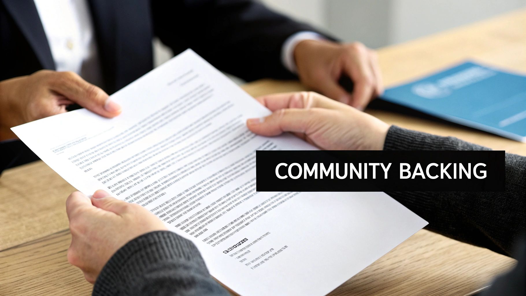 Two people exchange official documents and letters across a table in a professional setting.