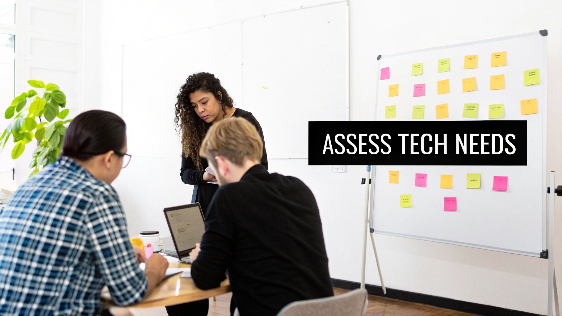 Three people collaborating in an office, with a whiteboard full of sticky notes and 'ASSESS TECH NEEDS' text overlay.