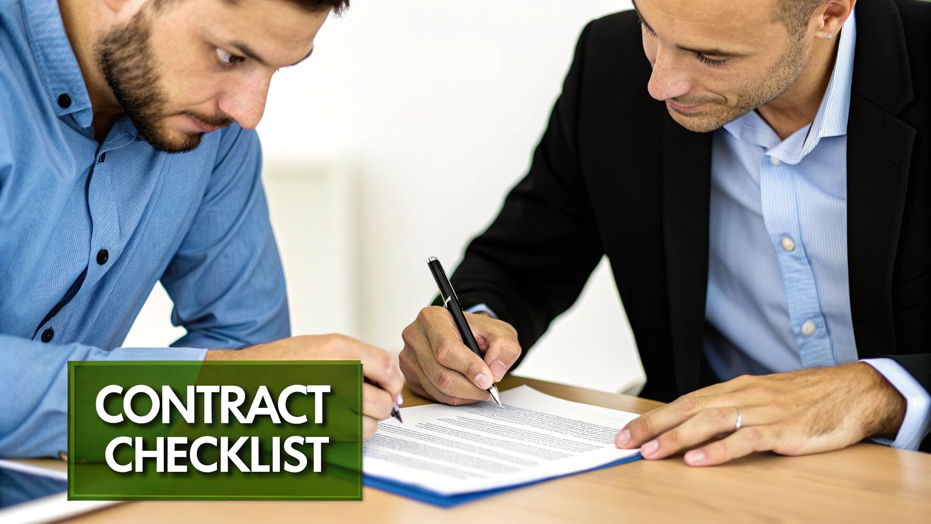 Two businessmen reviewing a contract document with a pen, with a 'Contract Checklist' overlay.