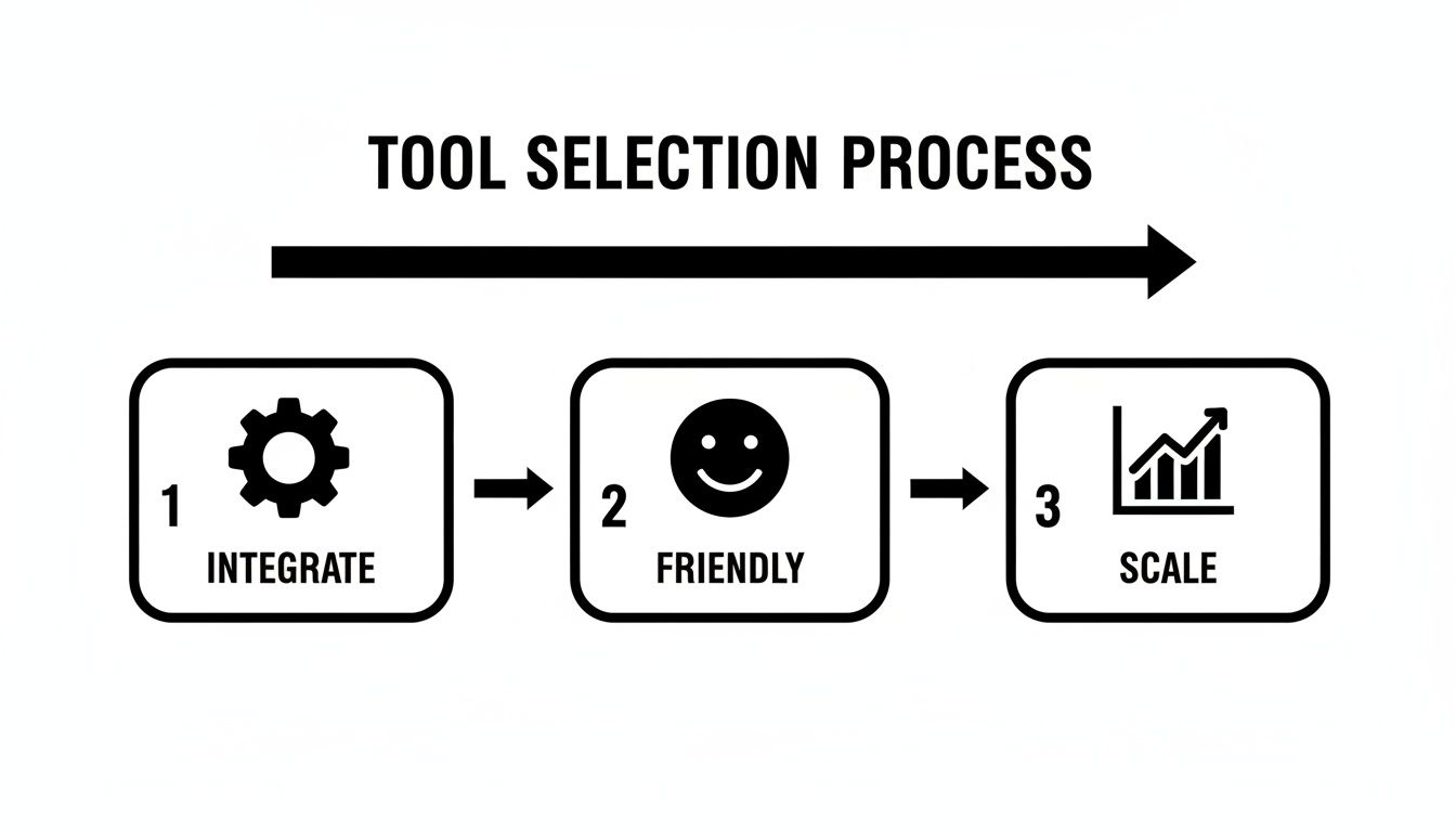 A diagram illustrating a tool selection process with three key steps: integrate, friendly, and scale.
