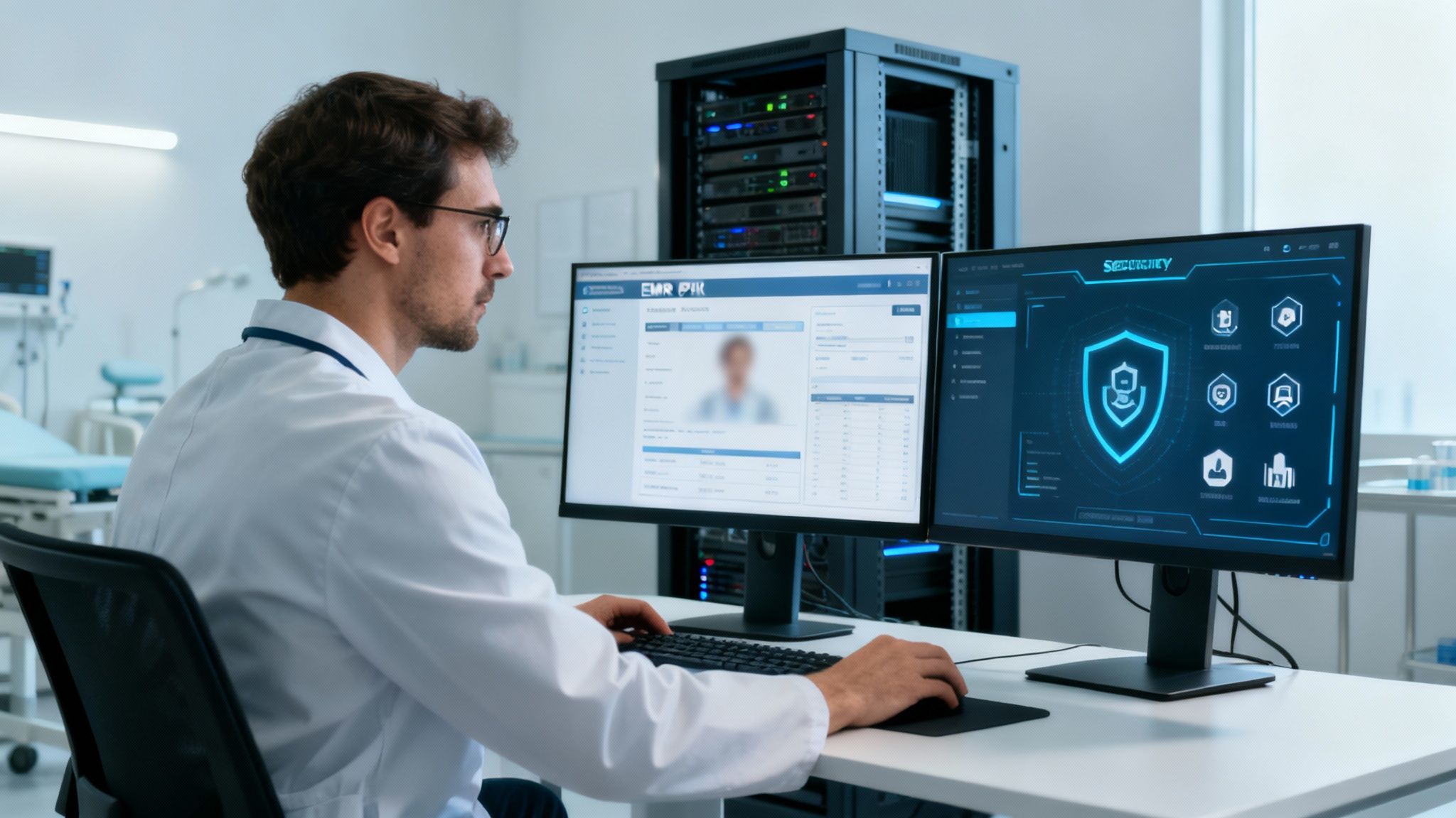 Doctor working on dual monitors displaying EMR and security systems in a modern medical office with IT infrastructure.