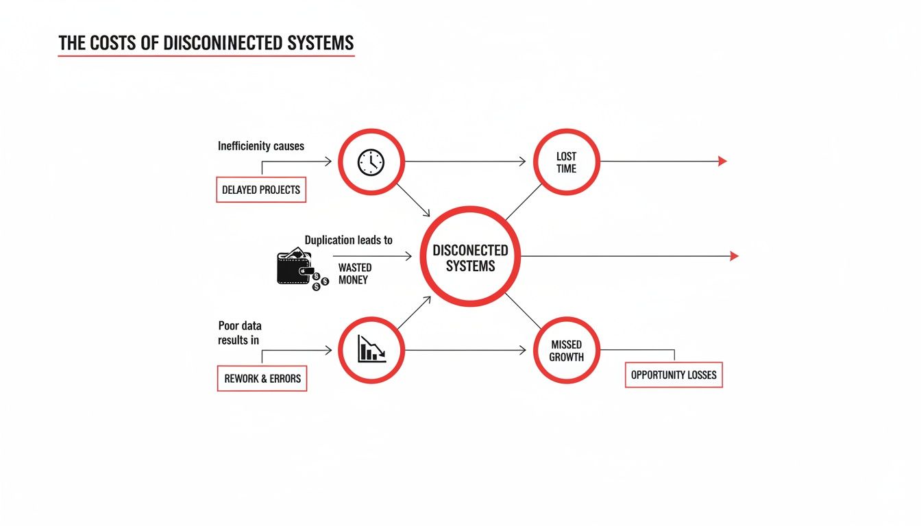 Diagram illustrating the costs and negative impacts of disconnected systems on business operations.