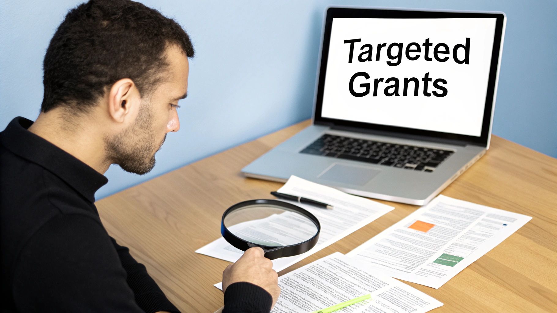 A man intensely researches targeted grants on a laptop, reviewing documents with a magnifying glass.