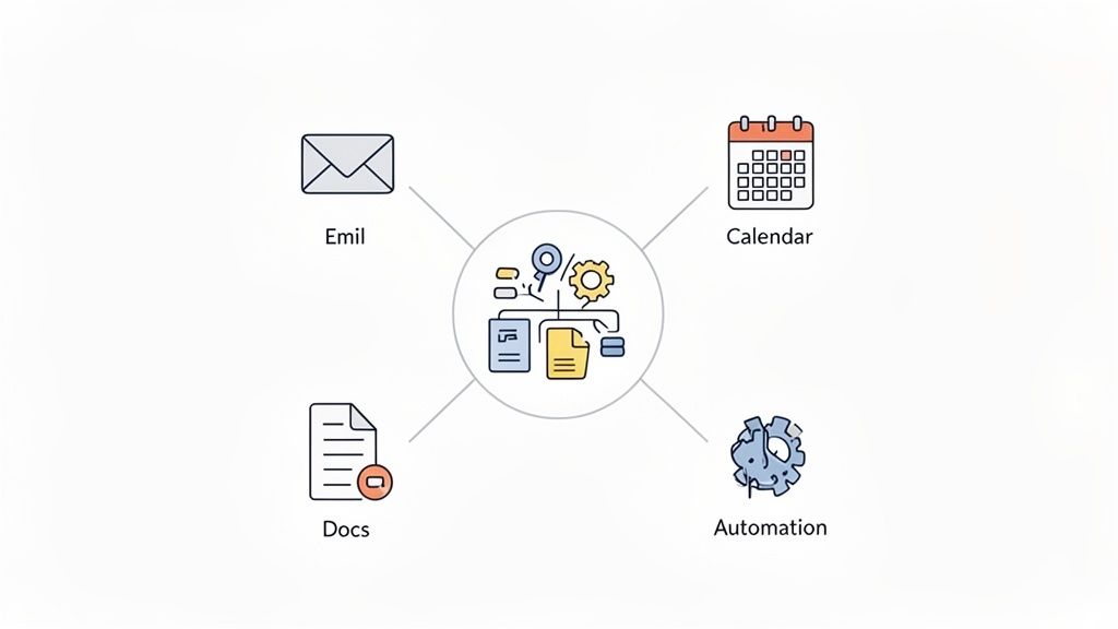 Diagram showing a central process integrating email, calendar, documents, and automation tools for efficient workflow.