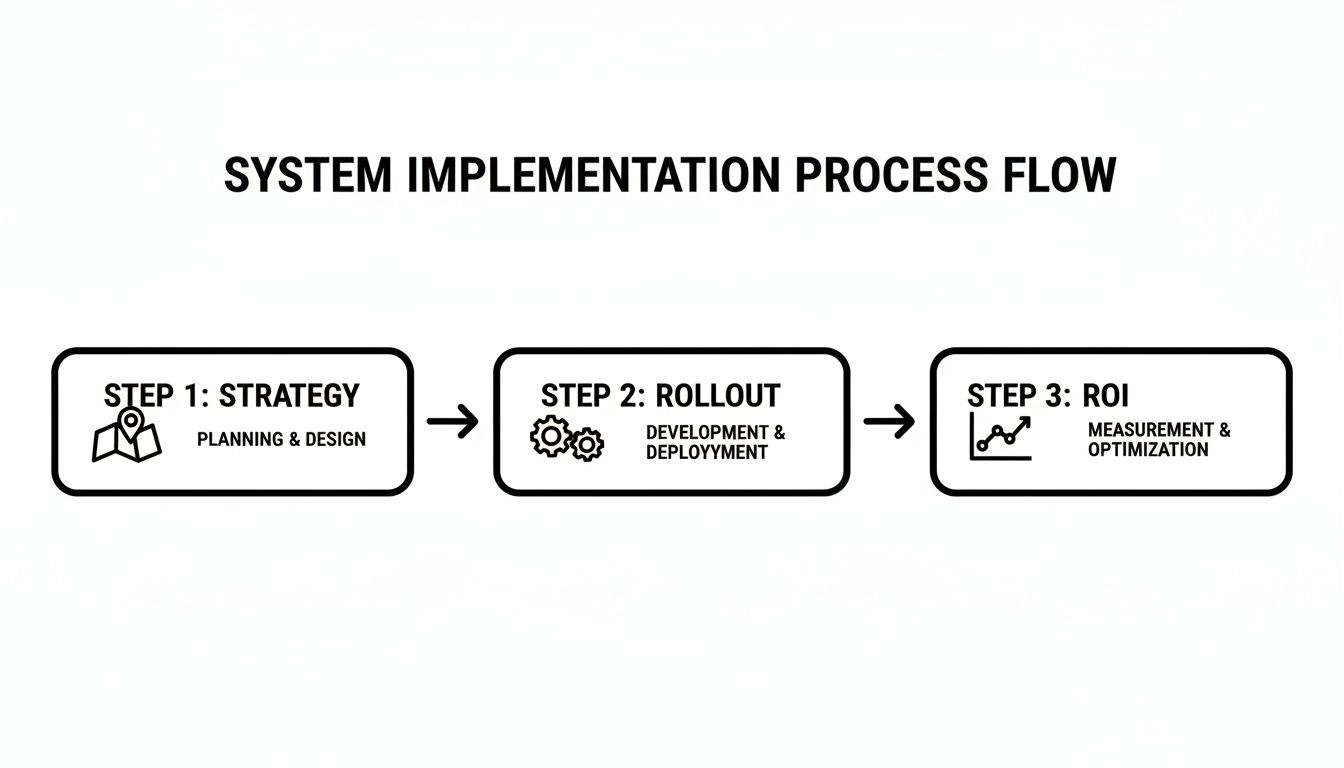 System implementation process flow diagram showing steps for strategy, rollout, and ROI.
