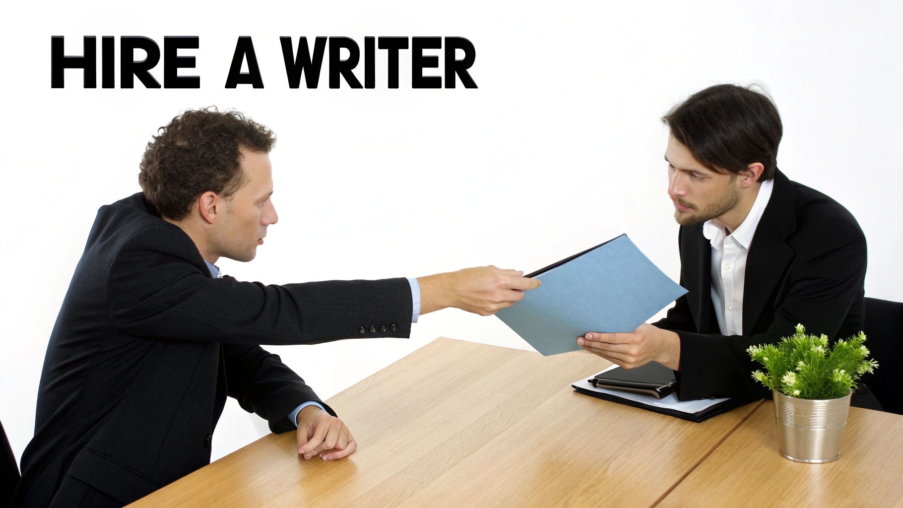 Two men in suits at a table, one handing a blue folder to the other, with 'HIRE A WRITER' text.