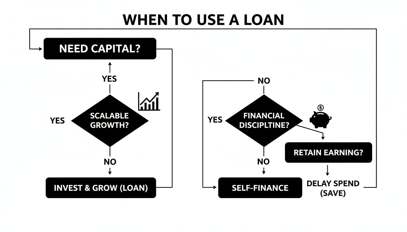 Flowchart outlining the decision process for using a loan, self-financing, or saving for capital needs.