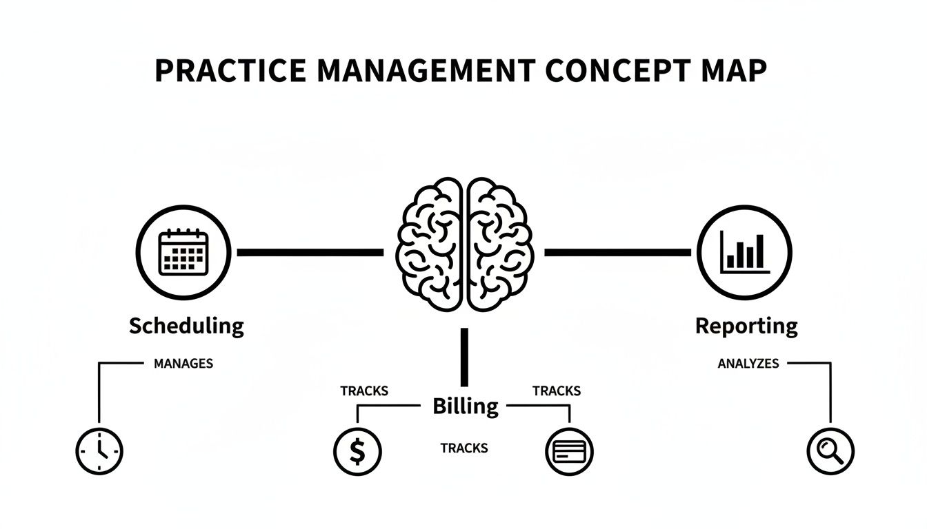 A concept map illustrating practice management components: scheduling, billing, and reporting, connected to a central brain icon.