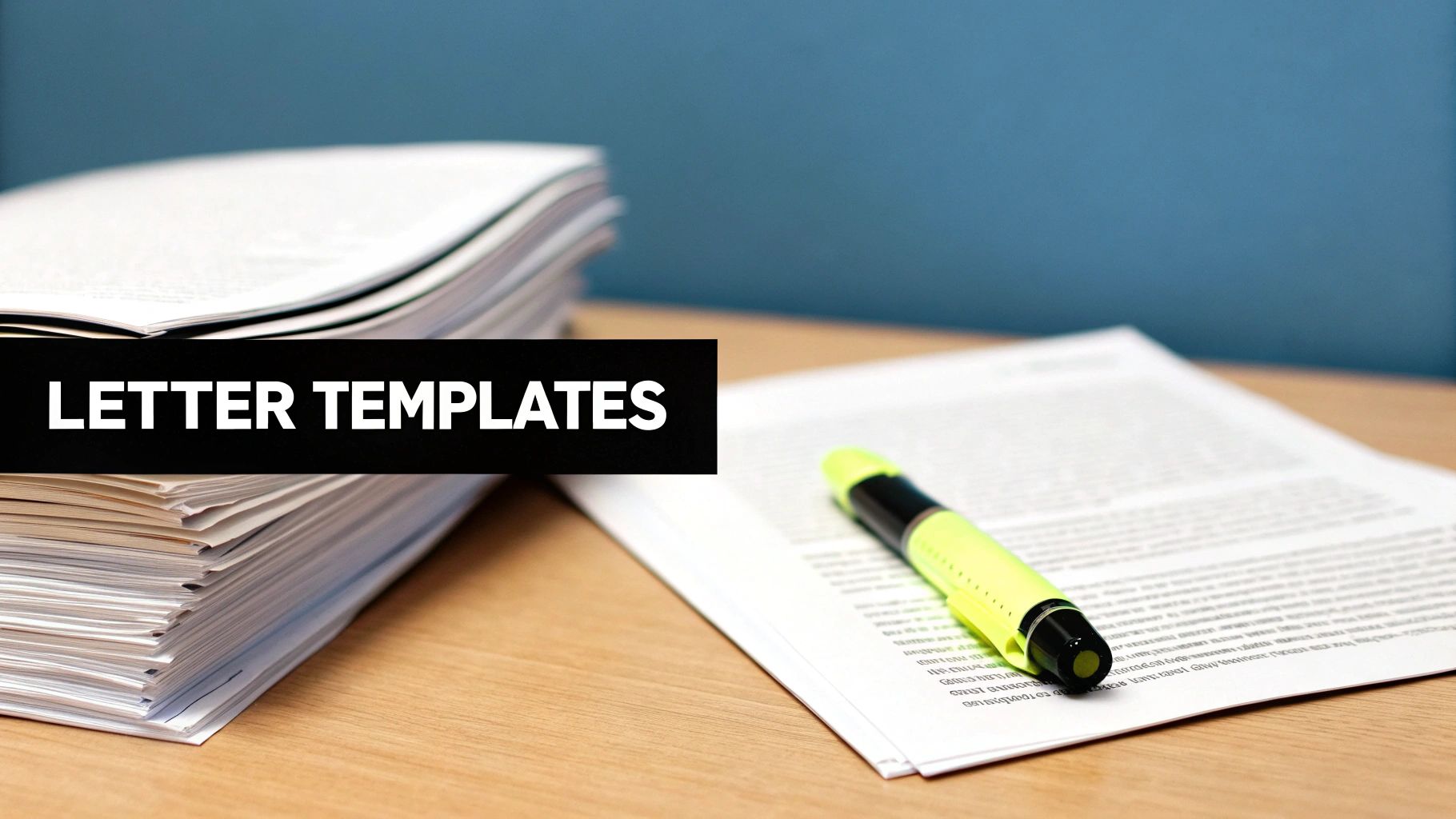 A stack of documents, a sheet of paper with a highlighter, and text 'LETTER TEMPLATES' on a black banner.