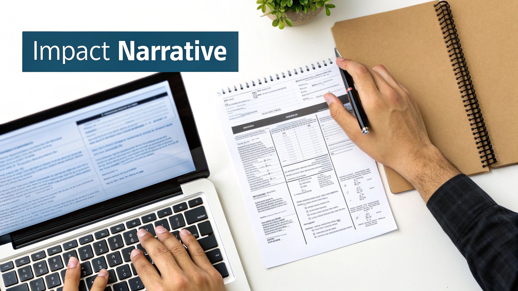 A person works on a laptop and reviews a document titled 'Impact Narrative' with a pen.