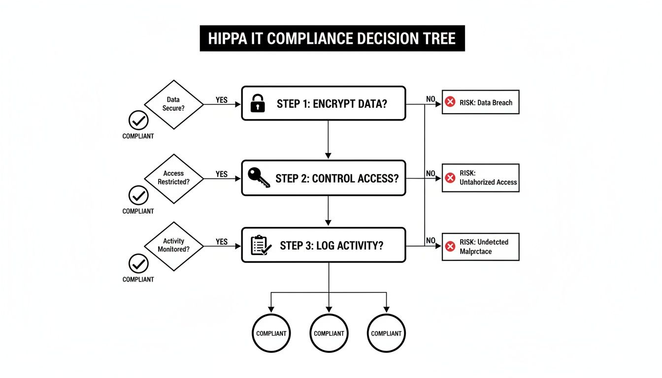 HIPAA IT compliance decision tree illustrating steps for data encryption, access control, and activity logging.