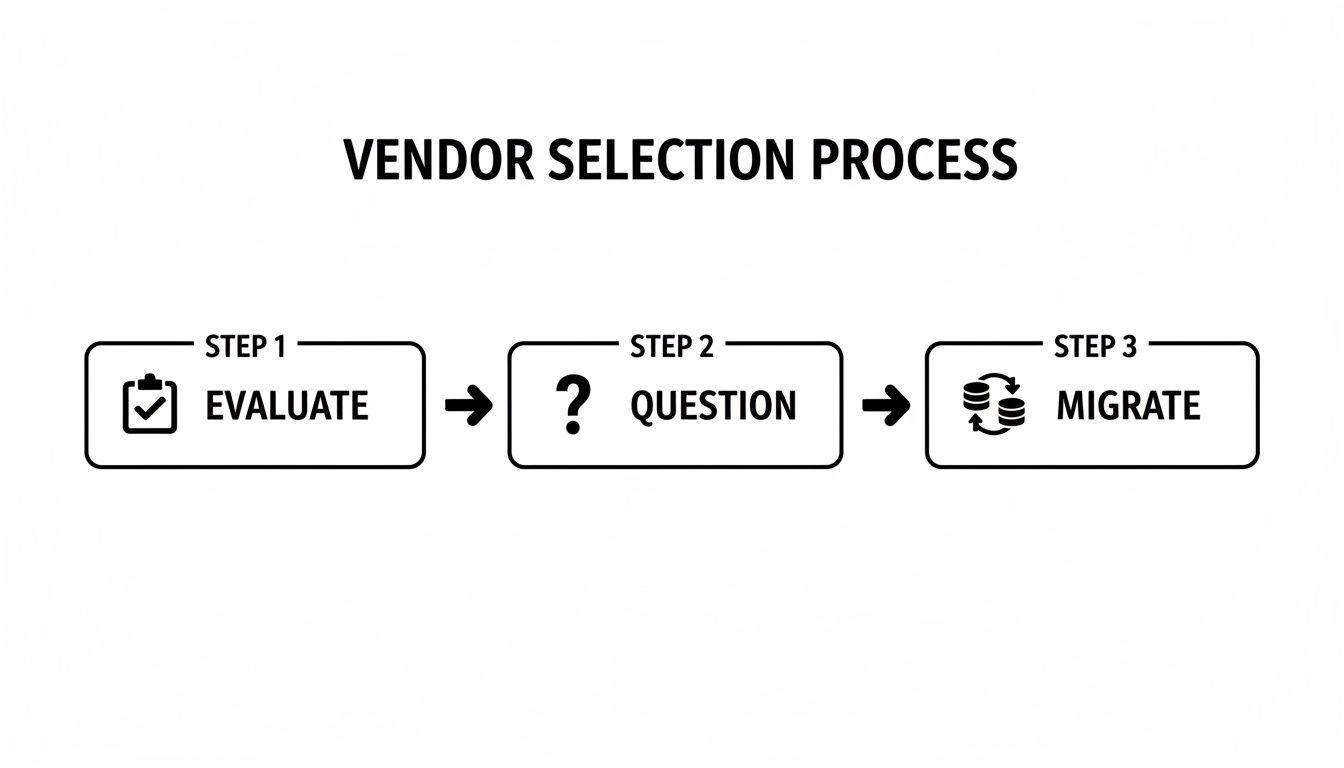 Flowchart illustrating a three-step vendor selection process: evaluate, question, and migrate data.