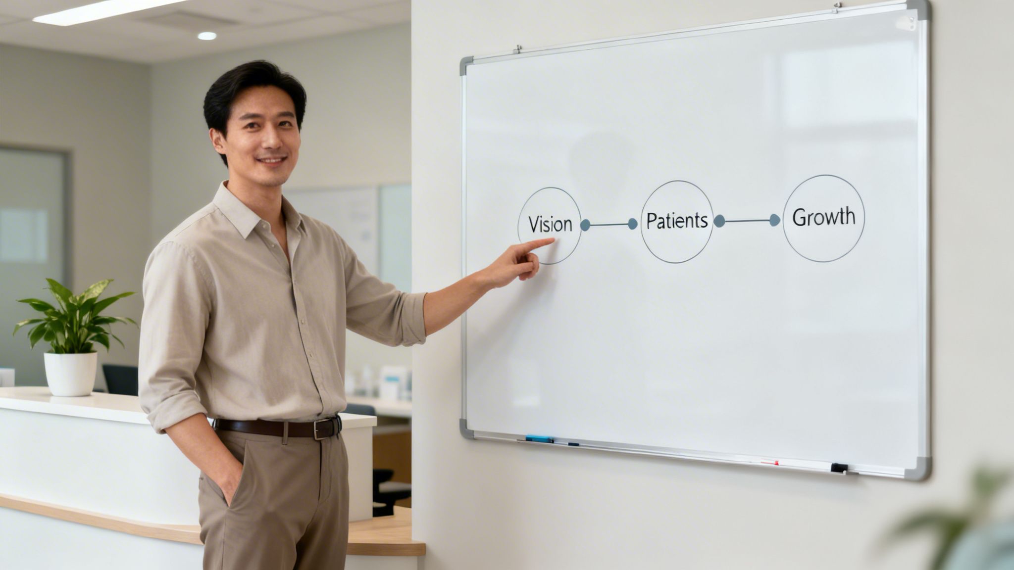 A smiling Asian man points to a whiteboard illustrating 'Vision', 'Patients', 'Growth' in an office.