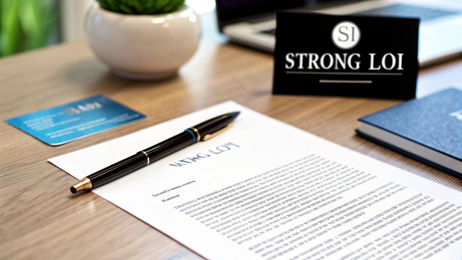 Letter of inquiry document on desk with pen and Strong LOI business card
