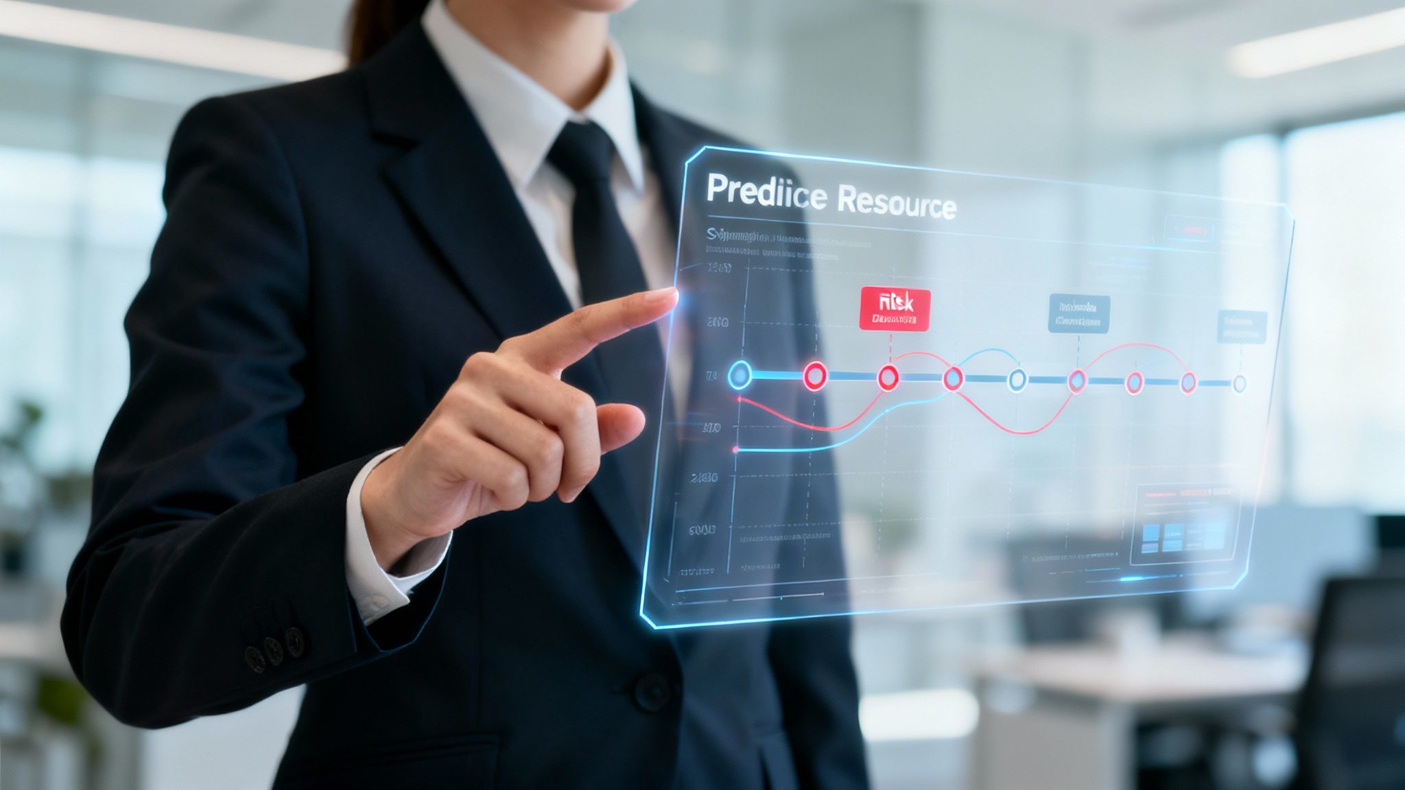 A business person's hand touches a glowing holographic interface displaying data, charts, and resource management.