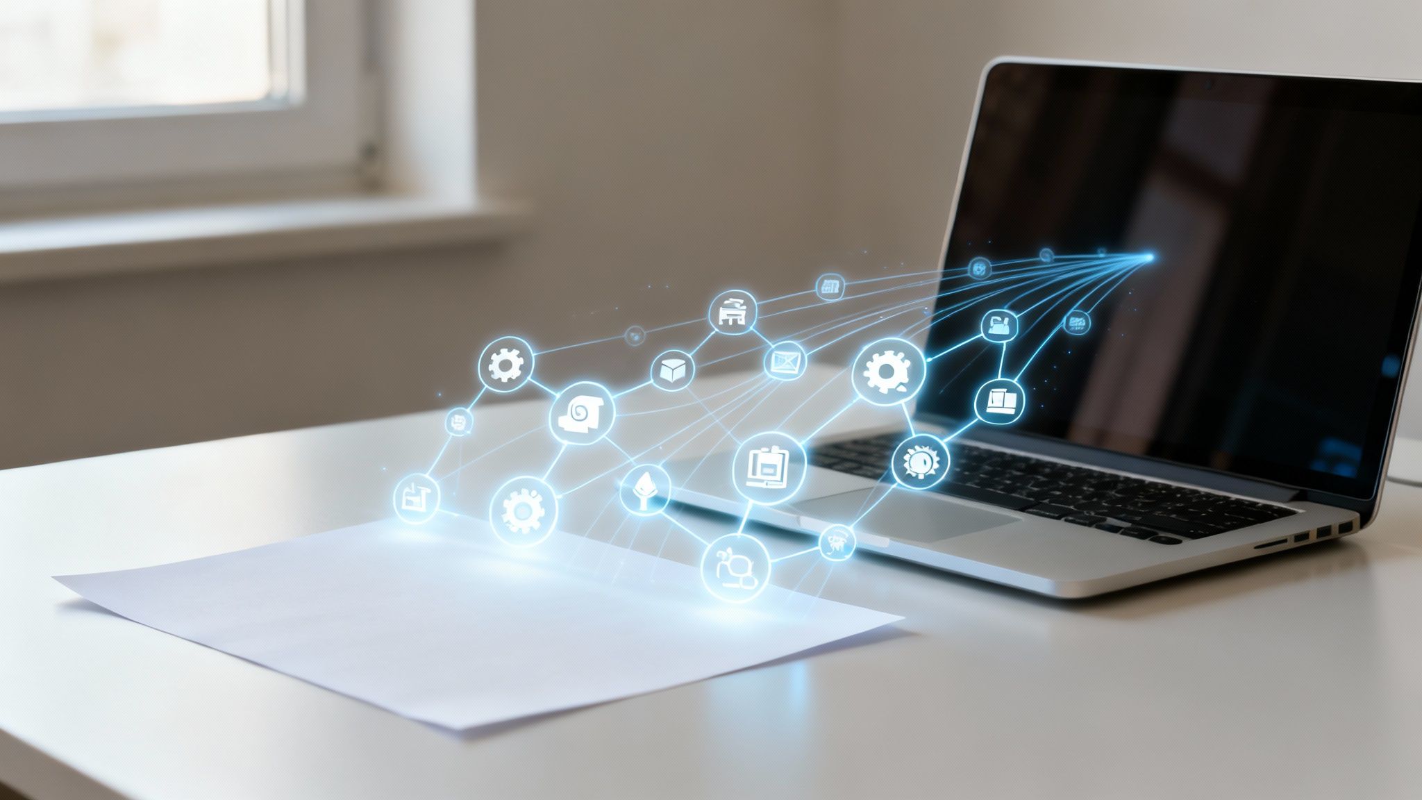 Digital workflow connecting icons from paper to laptop screen on a white desk.