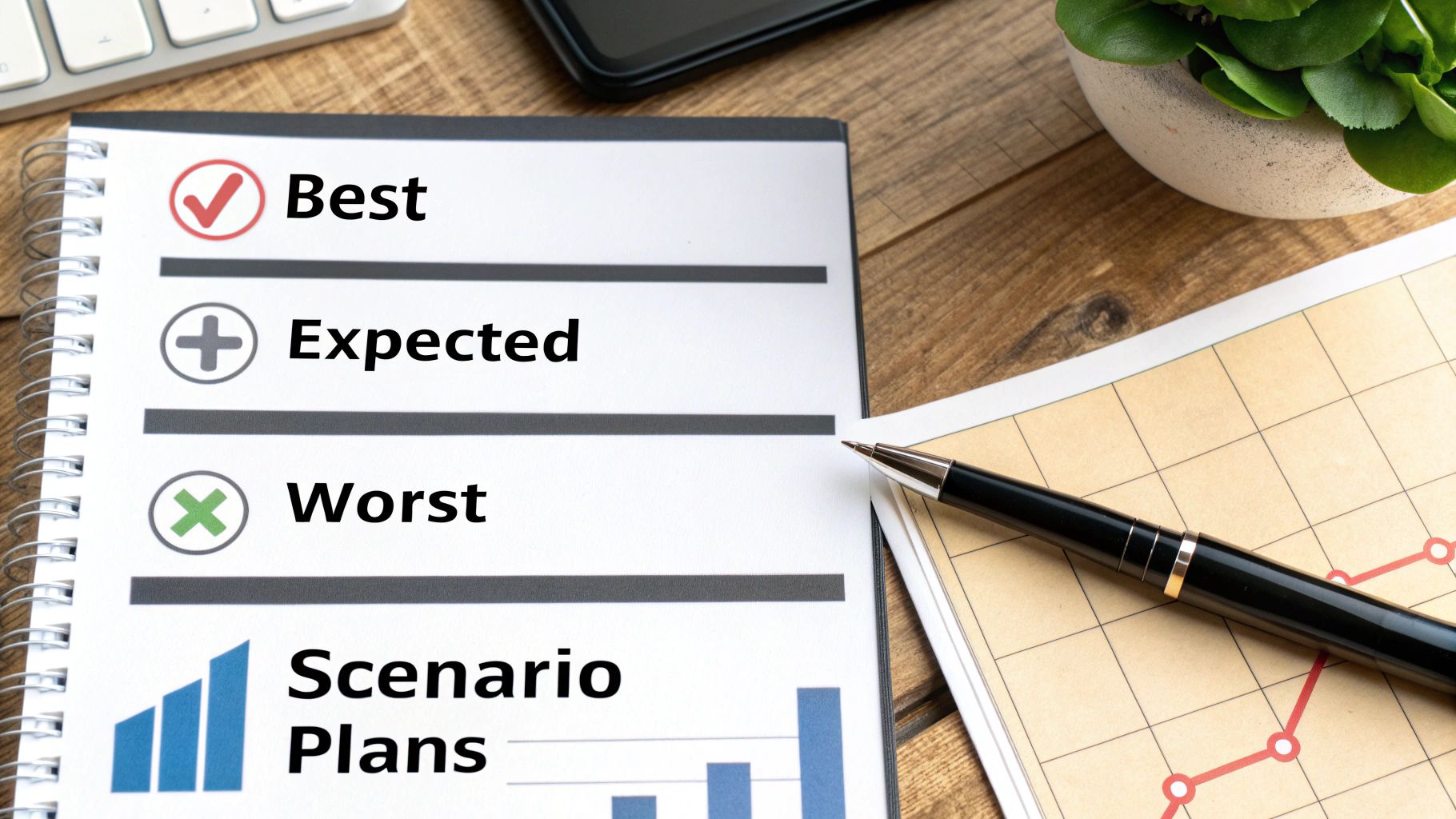 A notebook displays 'Best', 'Expected', 'Worst' scenario plans with a pen on a graph.
