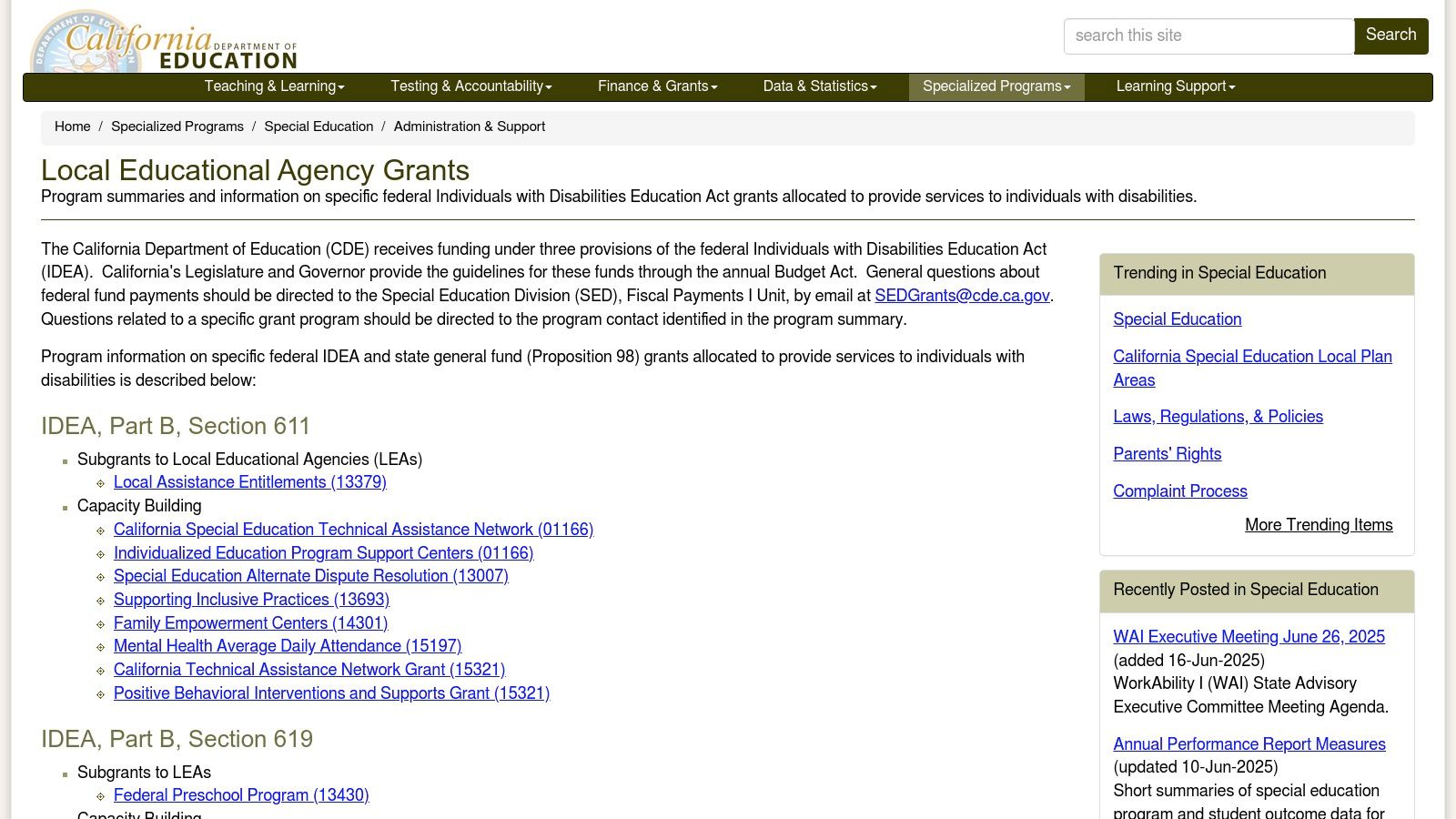 California Department of Education – Special Education Grants
