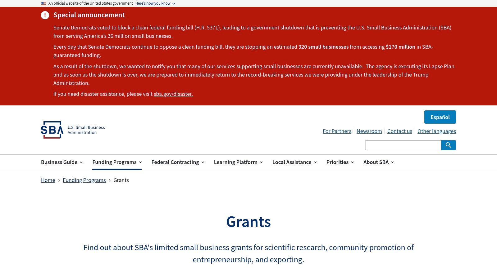 SBA.gov – Grants and Funding Programs