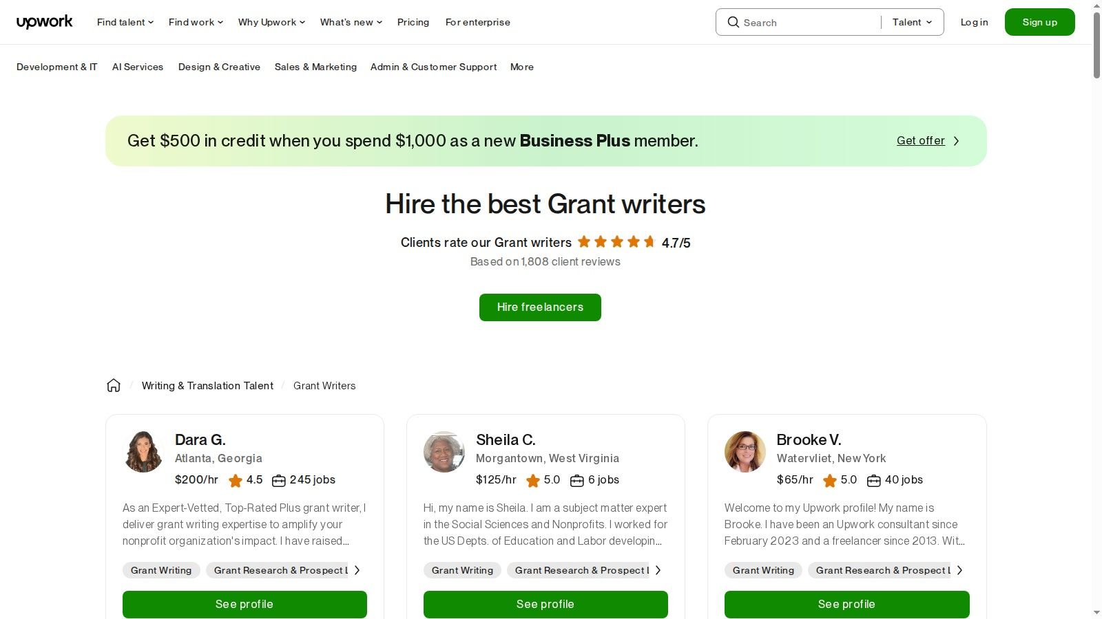 Upwork grant writer search interface showing various freelancer profiles and their rates.