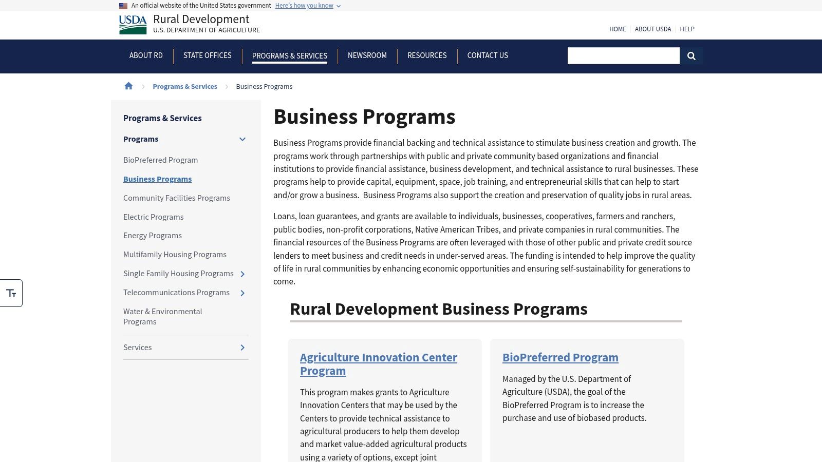 USDA Rural Development – Business Programs (for rural startups)
